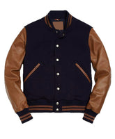 Men's Blue And Brown Wool Varsity Bomber Jacket